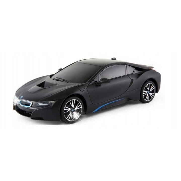 Masinuta Rastar BMW i8 1:18, neagra, 26cm, set cu telecomanda