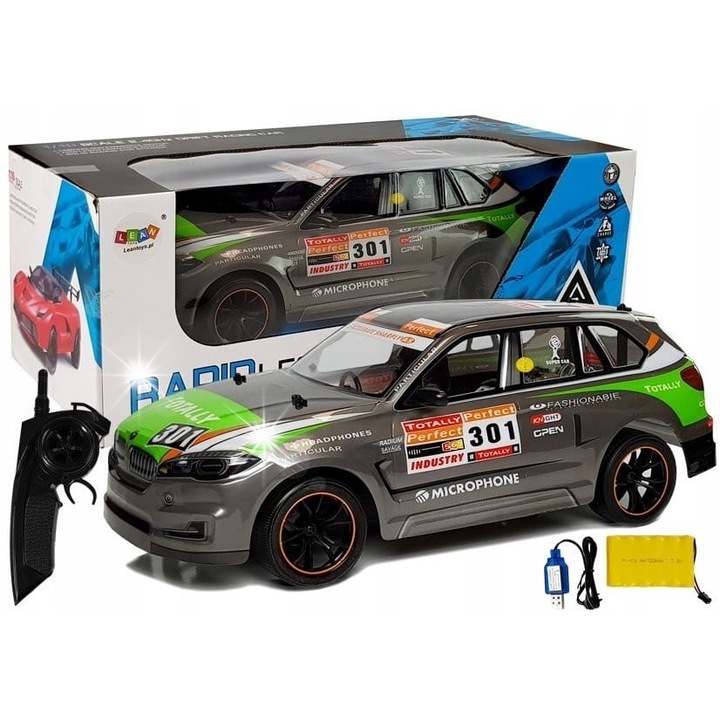 Masinuta sportiva R/C LEAN Toys, 1:10, gri cu elemente verzi, 55x20x25cm, set complet cu controler