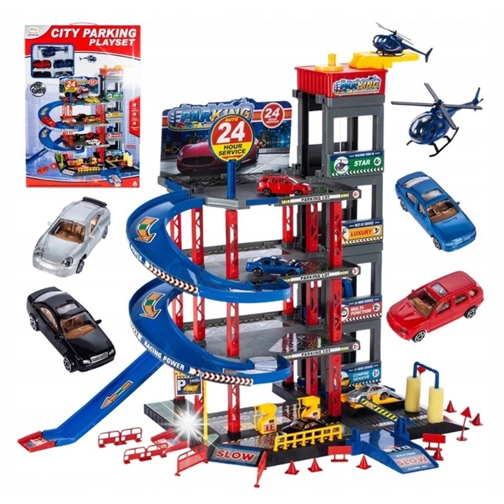 Nobo Kids többszintes parkolóház, felvonóval, autómosóval, 4 kisautóval, helikopterrel, 48x34x44cm