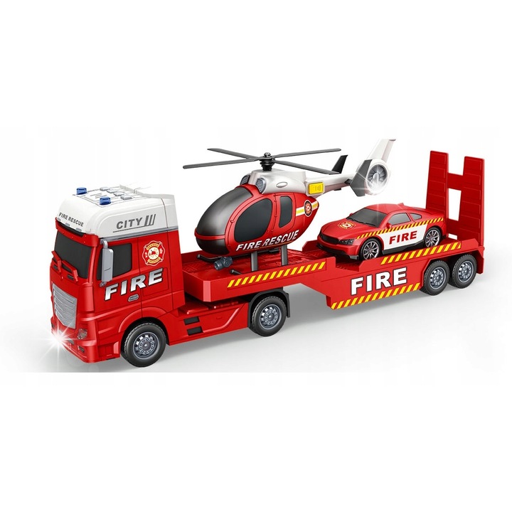 Mentőautó készlet, Norimpex, Tréler helikopterrel és tűzoltóautóval, fény- és hanghatásokkal, 62x10x17cm