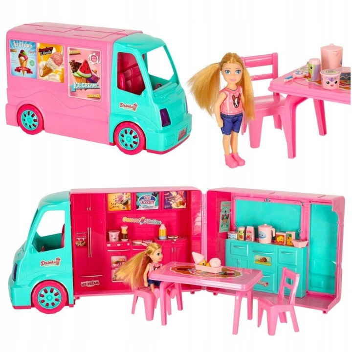 2 az 1-ben lakókocsi babáknak, Norimpex, food truck és ház, 21 elem, 38x21x14,5cm, 3 éves kortól