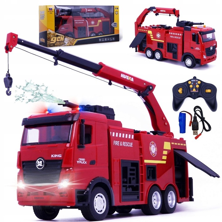 Tűzoltóautó, távirányítós, Huina Toys, 1:18, mozgatható karral, 41x10x23 cm