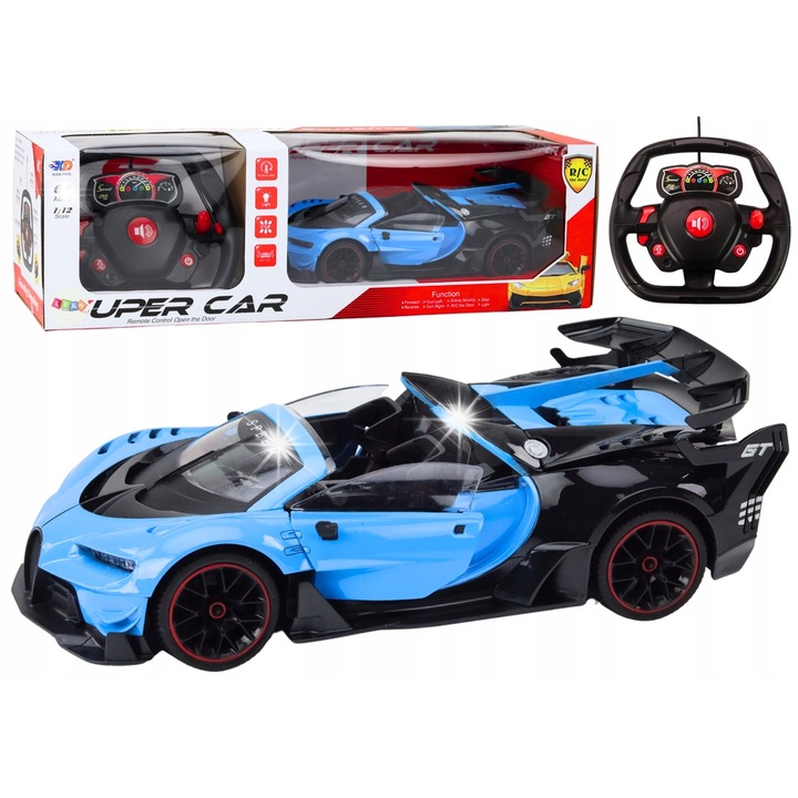 Masinuta sportiva RC 1:12 LEAN Toys, usi deschise, albastra, cu efecte luminoase si sonore, acumulator 6V 700mAh inclus