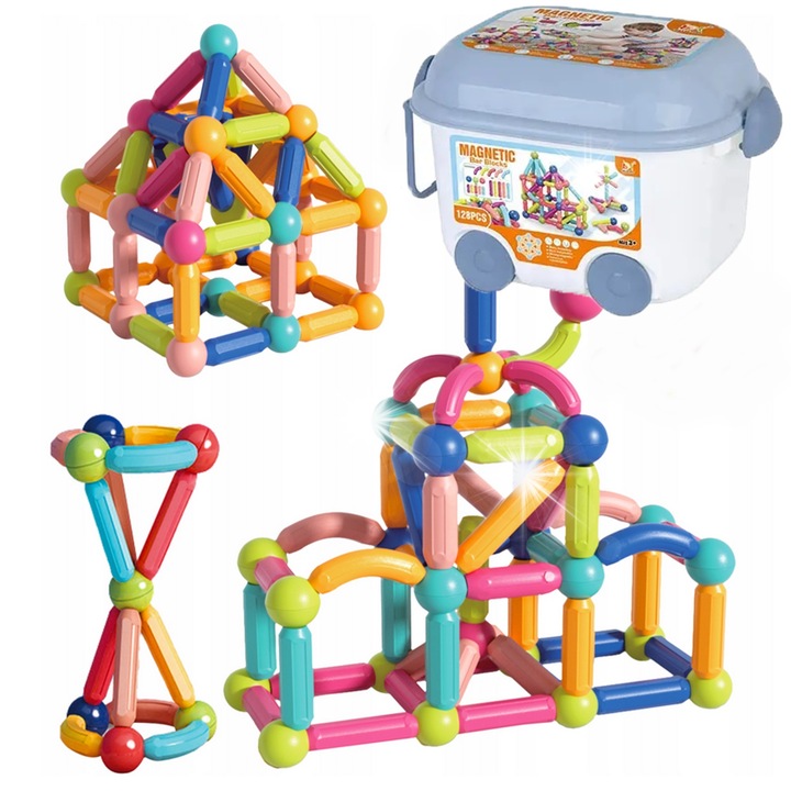 Комплект строителни блокчета, Leopard, 128 елемента, различни цветове, за развитие на въображението и креативността, магнитни