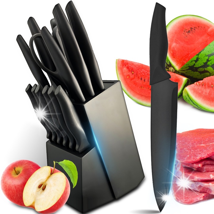 Set de cutite de bucatarie RETOO, 16 piese, bloc, inox, negru