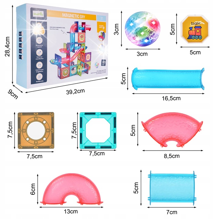 Set caramizi magnetice de constructie, MalPlay, 83 elemente, 3D, cu lumini, pentru copii 3+