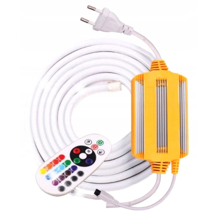 Banda LED Neon RGB 10m, Perfectlife, cu stabilizator si telecomanda, 19x10mm, IP44