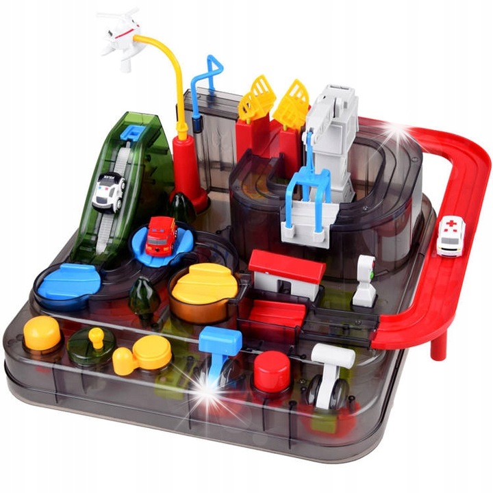 Set interactiv de trasee cu masini, Jokomisiada, 3 masini, 33x33x24cm, multicolor