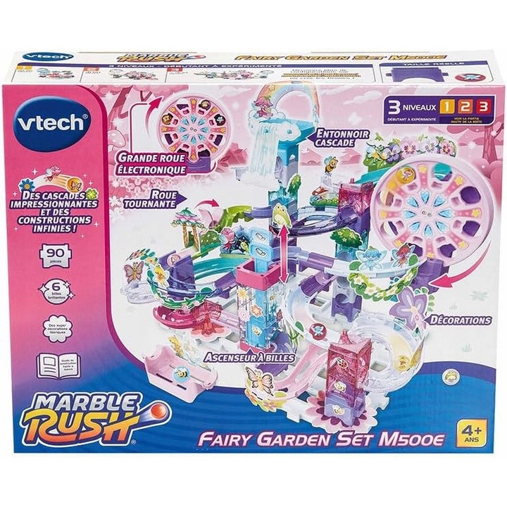 Set de constructie, Vtech, Pista cu bile, 96 elemente, 90 piese colorate, 6 bile stralucitoare, 12 decoratiuni, pentru copii de la 4 ani