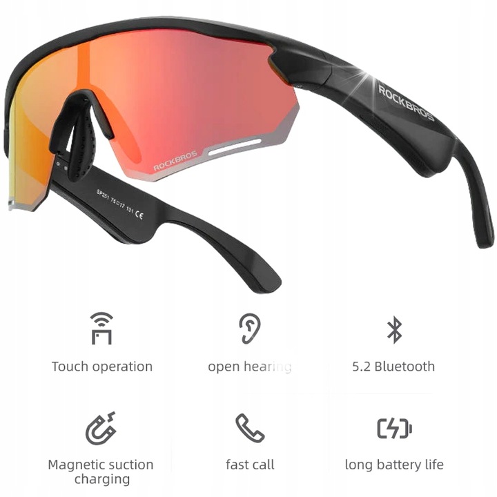Ochelari sportivi Rockbros cu Bluetooth, polari, UV400, 120mAh, 5.5-6 ore redare, set