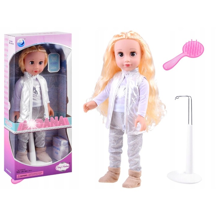 Jokomisiada Adrianna baba 45 cm, szőke haj, elegáns ruha, állvánnyal és kefével