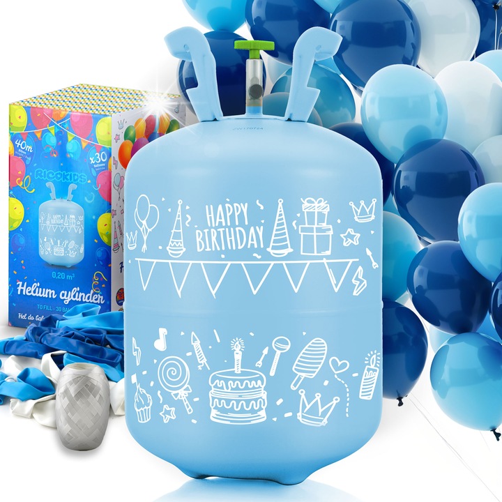 Party szett: Hélium palack 0,20m3 + 30 db fehér, kék, gránátvörös lufi + 40m szalag, RicoKids