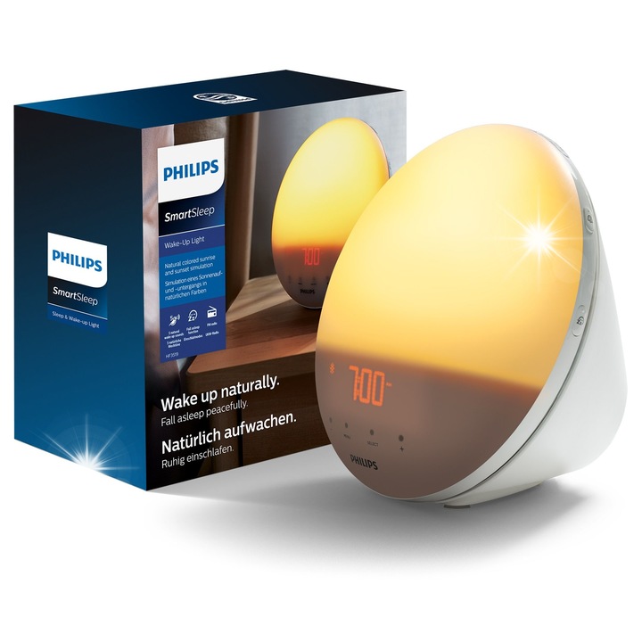 Настолна лампа с часовник Philips HF3531/01, светлина за събуждане, 7 естествени звука, компактни размери