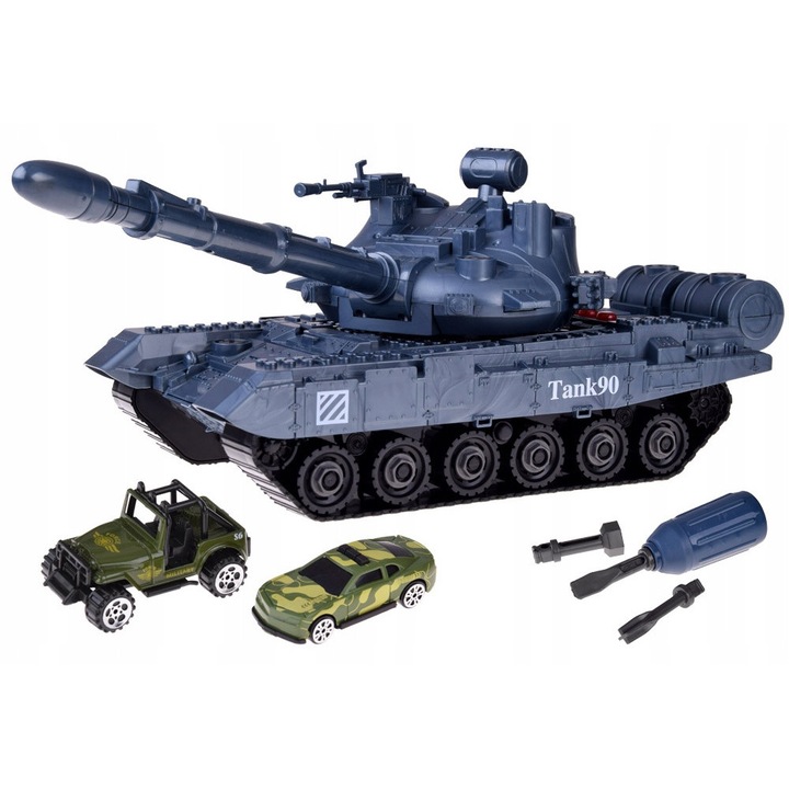 Szerelhető tank csavarhúzóval, hangeffektekkel, Jokomisiada, 43x16x15 cm, szürke, 2 autóval