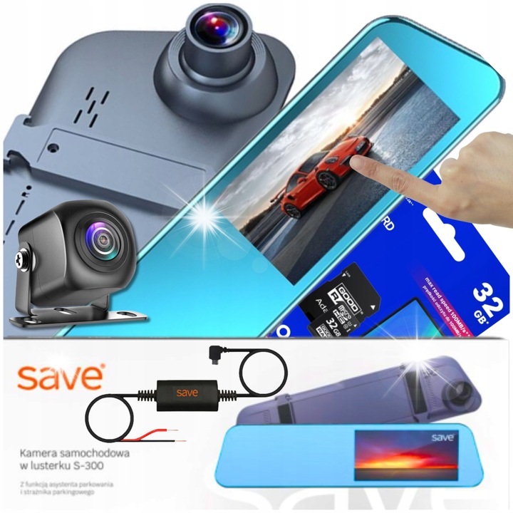 Wideorecorder auto Save S-300, set cu camera de marsarier, ecran tactil, 32GB, IP69