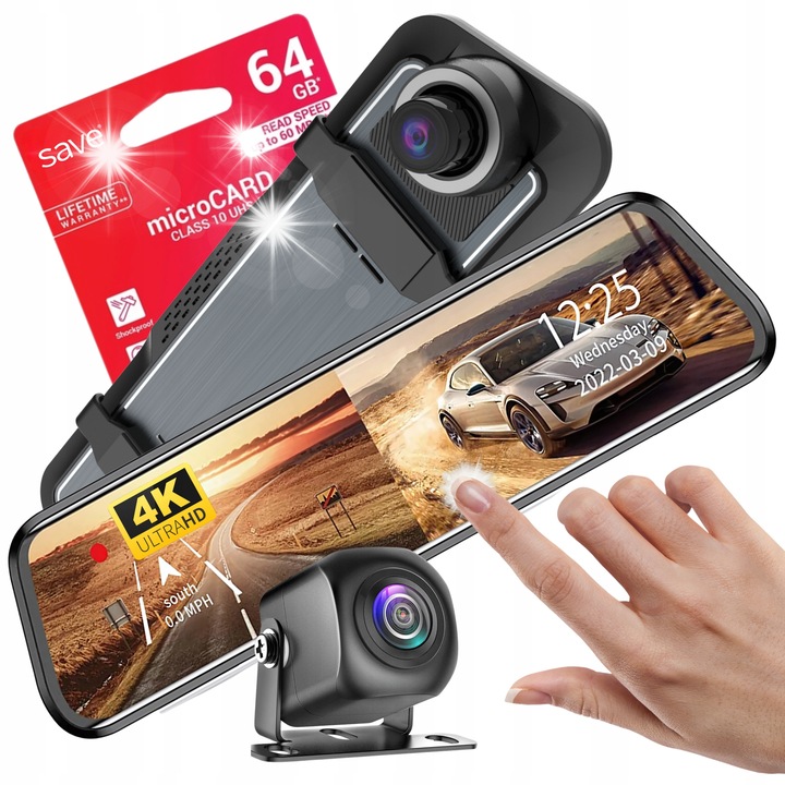 Camera auto DVR A7-PRO 4K, 2,5K, ecran tactil 9,66", set complet, camera de mers inapoi