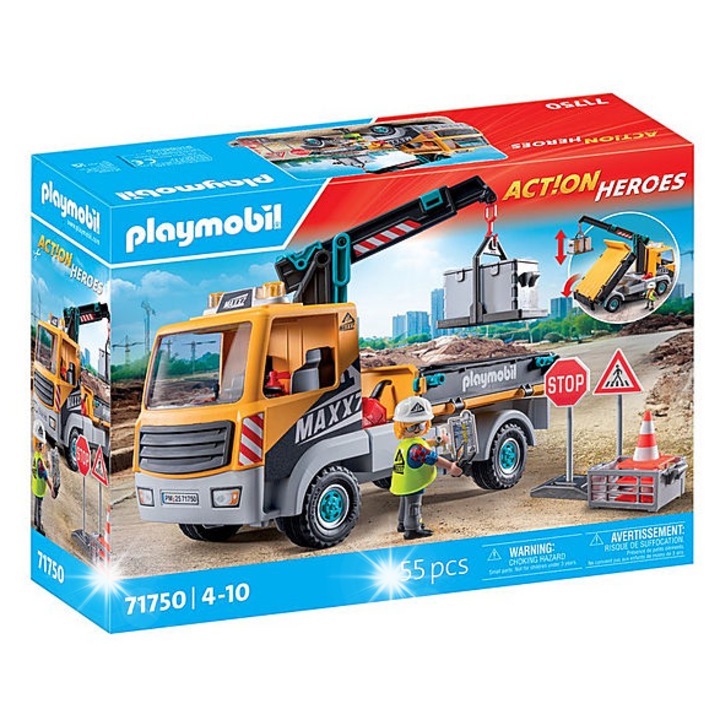 Set de constructie de jucarie, Playmobil, camion de constructii cu macara, multicolor, 1 jucator, 4-10 ani