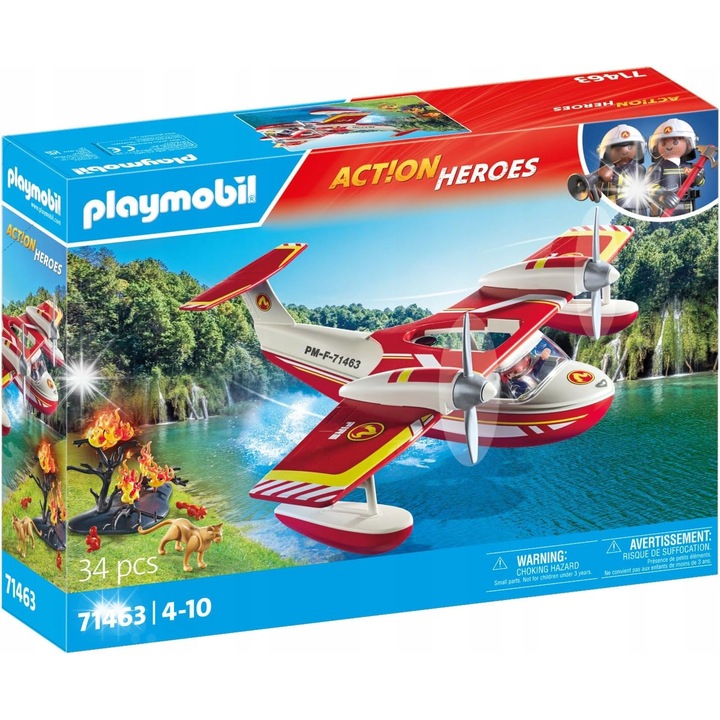Set de constructie, Playmobil,Avion de pompieri cu functie de stingere , 34 elemente, +4 ani, multicolor