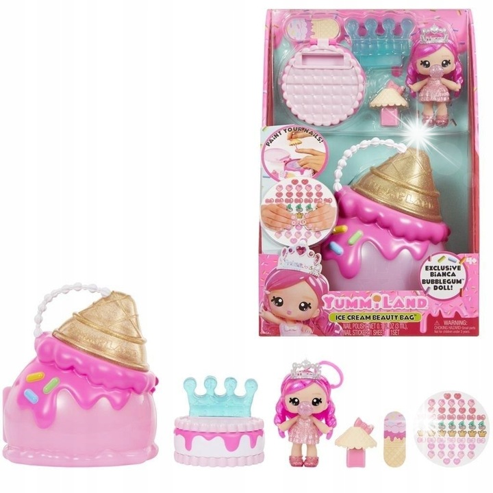 Set Yummiland Beauty, Mga, papusa Lip Gloss Bianca Bubblegum 8 cm, cosmetice, accesorii manichiura, multicolor