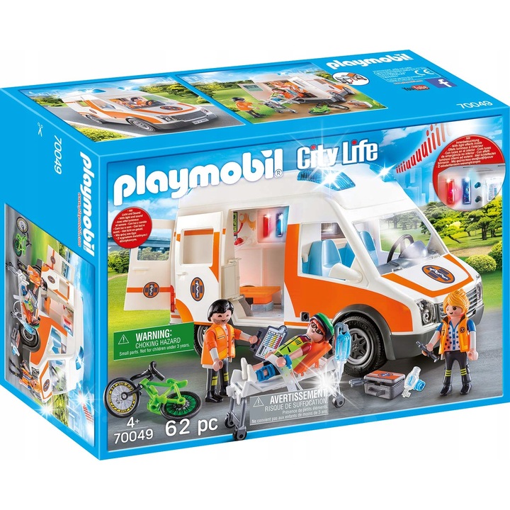 Playmobil készlet autó, hang- és fény mentőautó, 62 darab, 4+