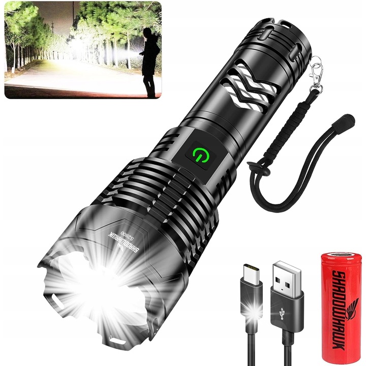 Тактически фенер Shadowhawk S1007, 30000 lm, USB, водоустойчив, пълен комплект