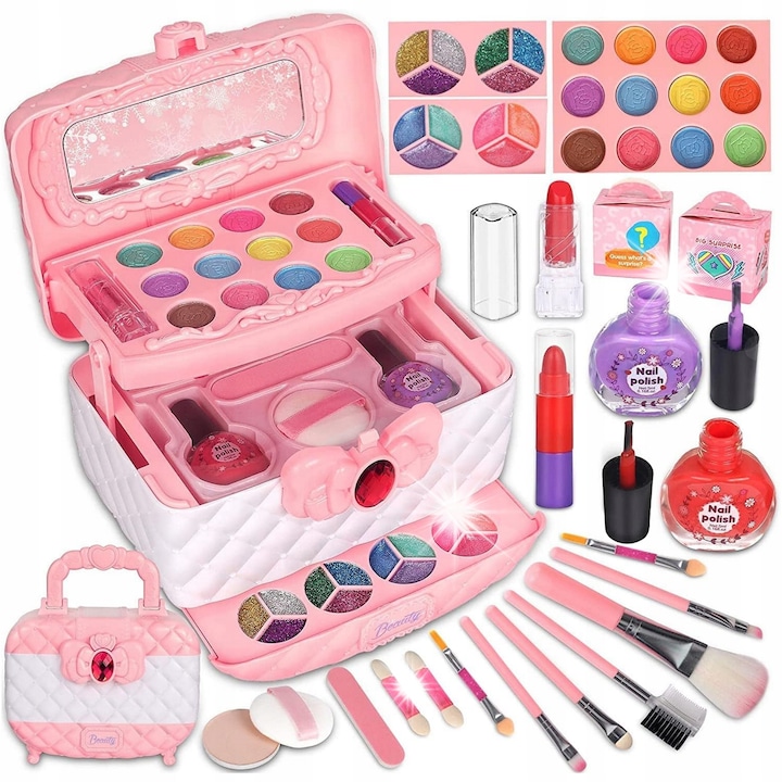 Trusa cosmetica roz pentru copii, set cu 2 luci, 2 lacuri de unghii, 2 rujuri, 12 farduri, 25x27x21cm, sferazabawek