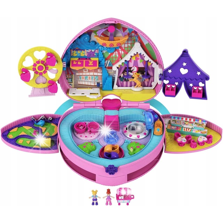 Rucsac Polly Pocket, set loc de joaca, 2 papusi, accesorii, mov, 8.7x3.14x7.08cm
