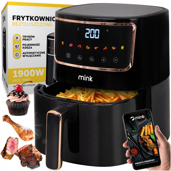 Friteuza MINK Air Fryer NDY-AF513R, 1900W, 4.7L, neagra, dimensiuni 26x26x31.2cm