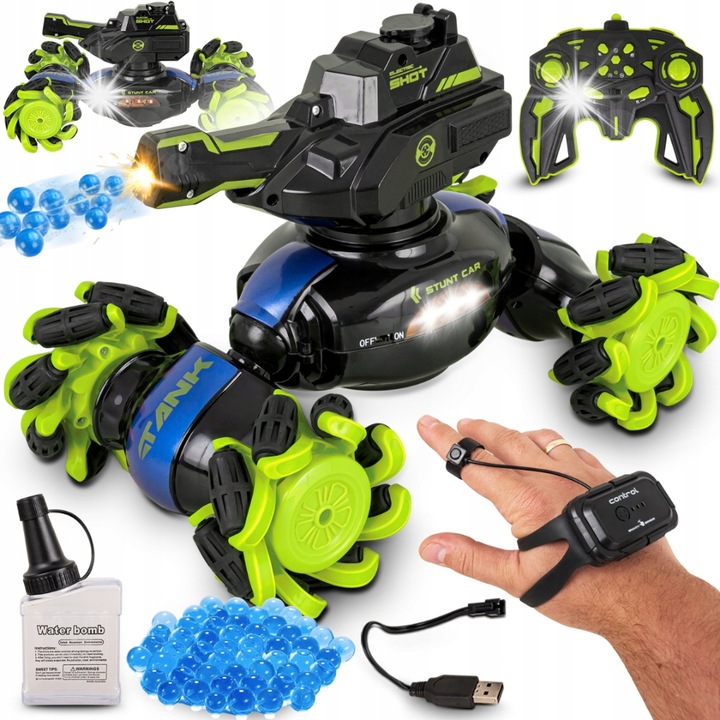 Tanc RC MINK LH-C051-3, 4WD, transformabil, verde, 17x32x17cm, set complet cu 1000 bile zele