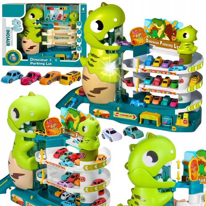 Set parcare 3 niveluri, ProNice, dinozauri, 6 masinute, 38x50x16cm