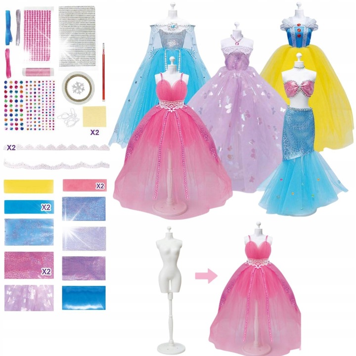 Set de proiectare rochii pentru papusi, ProNice, materiale, manechin, multicolor, 6+ ani
