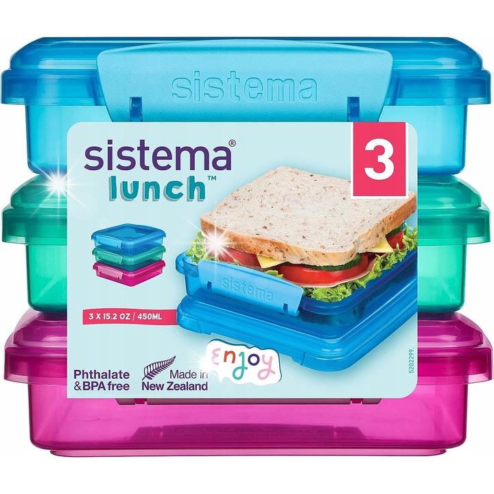 Cutie alimentara Sistema, set 3x, multicolor, mica pentru gustari si mare pentru sandvisuri, 20x15x10cm
