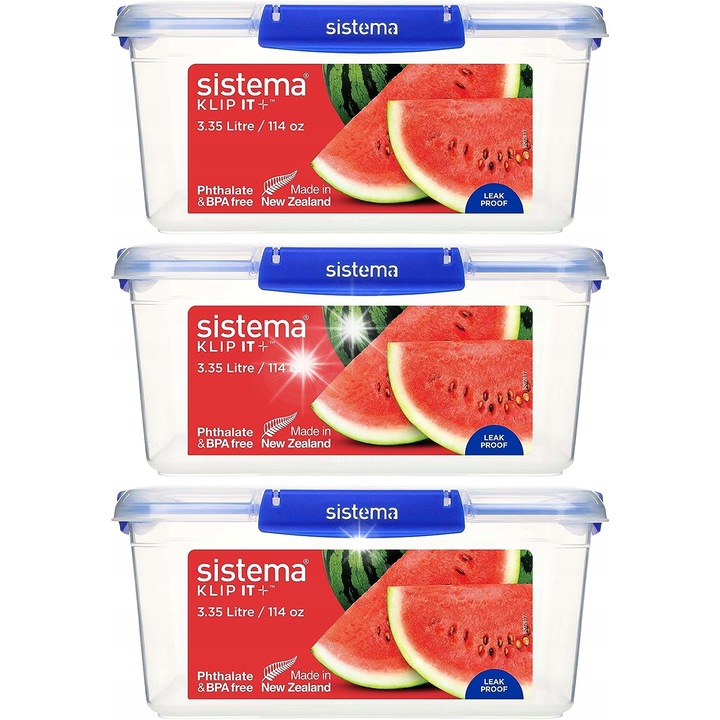 Set 3 cutii alimentare Sistema Klip It Plus 3350ml, hermetice, stivuibile, multicolor