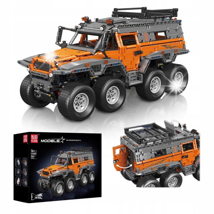 Set de constructie model auto teren 4x4, Mould King, 8 roti, dimensiuni 44x32x13,7cm