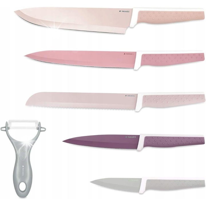 Set de 6 cutite de bucatarie Navaris, inox, multicolor, include peeler