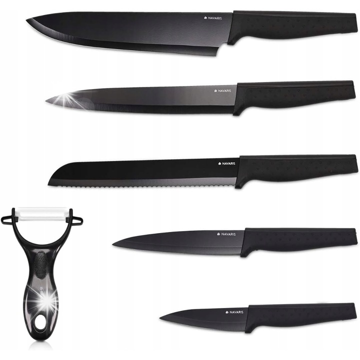 Set de 6 cutite de bucatarie Navaris, inox, negru, include peeler