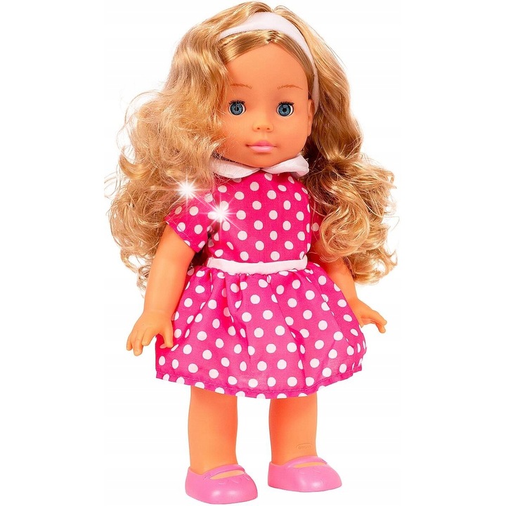 Interaktív baba, Smily Play, 33 cm, rózsaszín fehér pöttyökkel, hanghatások, elemes készlet