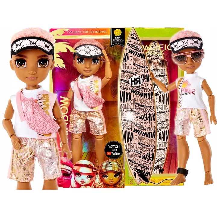 Papusa Rainbow High Pacific Coast seria 1, Finn Rosado, costum complet, accesorii, multicolor