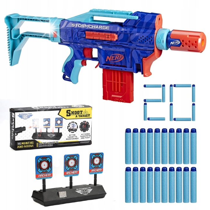 Pistol Nerf Stormcharge, комплект с 20 стрелички, електронна мишена, 21 м, капацитет на пълнителя 10 стрелички