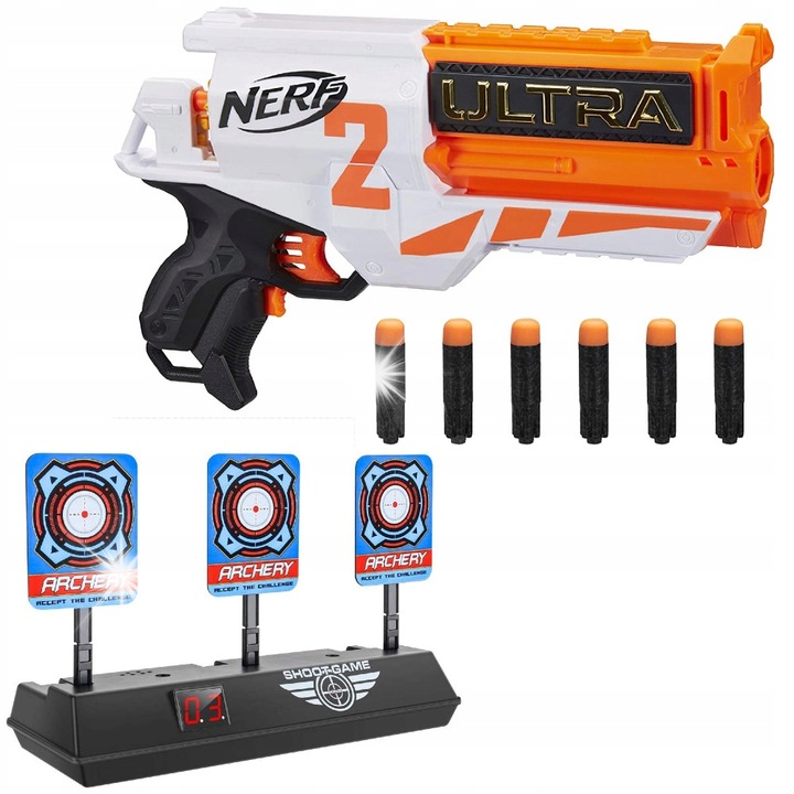 Пистолет Nerf Ultra Two, автоматичен револвер, 6 стрелички, електронна мишена 3 мишени, 28м, 8+ години