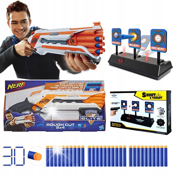 Пистолет Nerf N-Strike Elite Rough Cut 2X4 A1691, комплект с 30 стрелички, електронна мишена, 8+