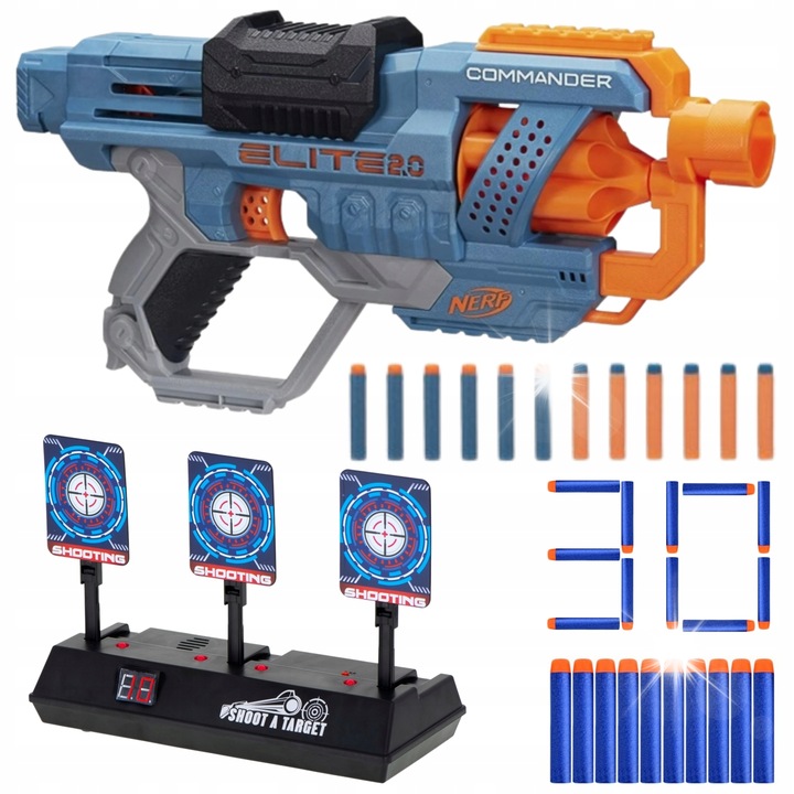 Пистов Nerf Elite 2.0 Commander RD-6, 12 стрелички, електронна мишена, 30 стрелички, 27м