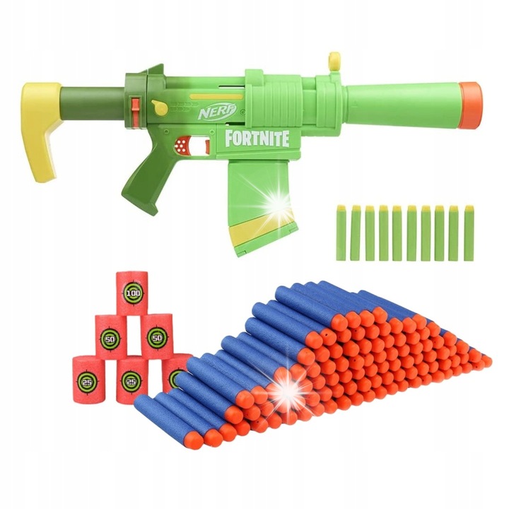 Пистолет играчка Nerf Fortnite SMG-ZESTY Elite 4в1 комплект, 50 стрелички, 6 мишени, зелен