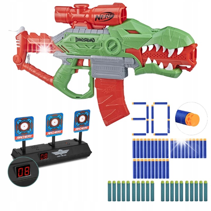 Пистолет Nerf Dinosquad Rex-Rampage, комплект с 20 елитни стрелички и 30 вафлени стрелички, полиатомен, 21м, капацитет на пълнителя 10 стрелички