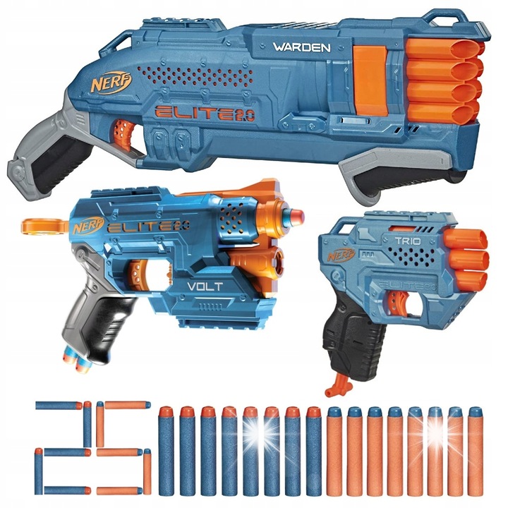 Комплект 3x Nerf Elite 2.0 Warden, Volt, Trio, 25 стрели, 27м, 8-3-1, 60x25x14см