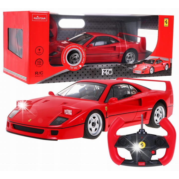 Masina de jucarie Rastar model Ferrari F40, 1:14, rosu, cu lumini LED, telecomanda inclusa