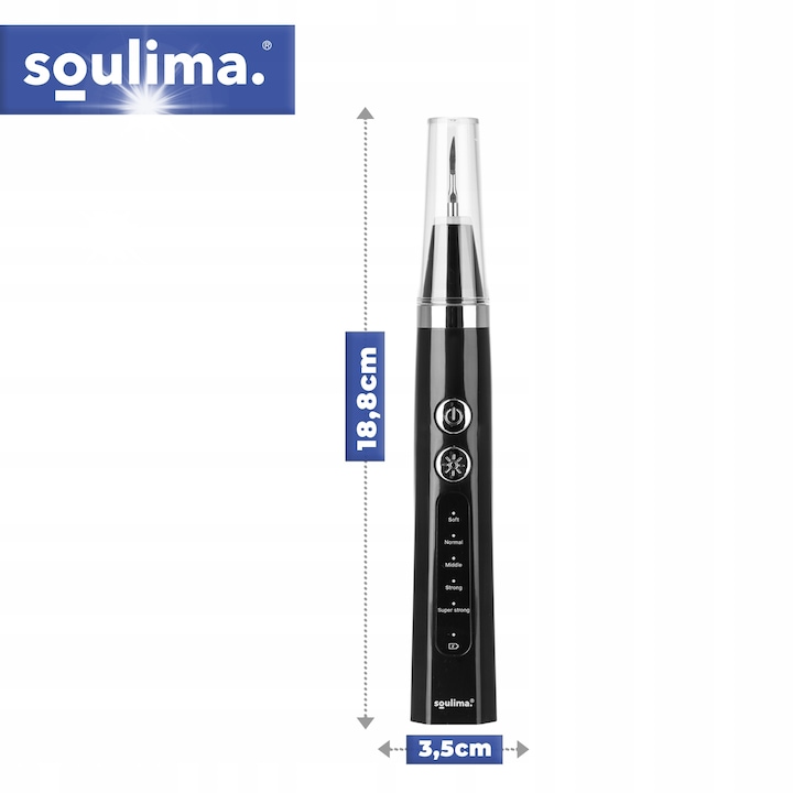 Aparat de detartraj ultrasonic pentru dinti, Soulima, set complet, 5 moduri de intensitate, LED, 3.5x18.8cm
