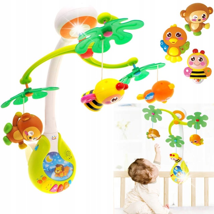 Hola interaktív, zenélő körforgó kiságyra, 3 játék, többszínű, 18x13x7cm