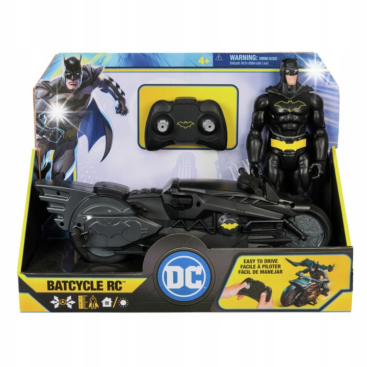 RC DC Comics Batcycle motorkerékpár, Spin Master, fekete, 12 hüvelykes, 4 éves kortól, figurával