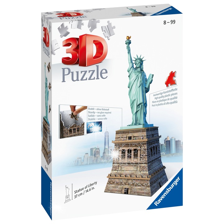 Puzzle 3D Szabadság-szobor, Ravensburger, 108 darab, easyclick technológia, változatos méretek